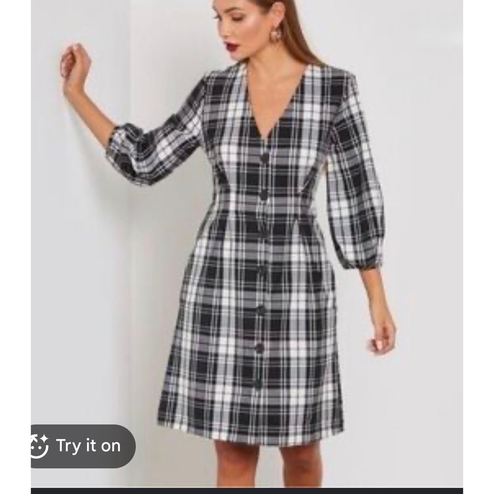 Mango MNG Casual Womens Black White Plaid Button Front V-Neck Midi Dress XS 2